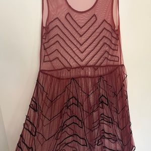 Free People Beaded Embellished Sheer Mesh Dress wine color
